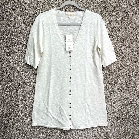 Eileen Fisher Cardigan Women’s S White Linen & Cotton V-Neck Light Knit Long Swe - Picture 1 of 6